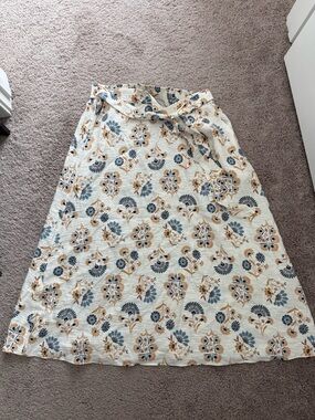 LOFT Cream A-Line Midi Skirt with Blue and Tan Floral Print